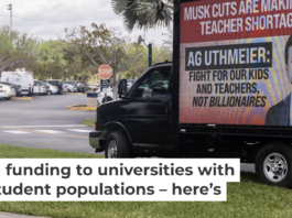 A billboard truck criticizing education cuts is parked at Florida International University, an HSI in Miami, in March 2025. John Parra/Getty Images for Students Organizing Now